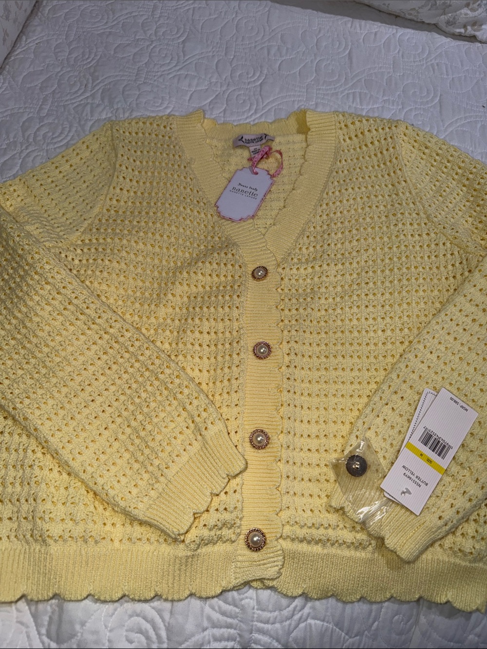 NWT Nanette Laporte, Pale Yellow Pearl-Button Open-Knit Cardigan
